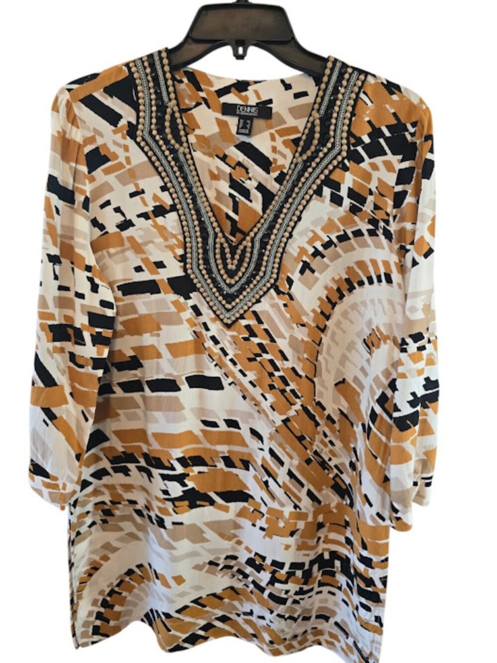 Tunic top printed woven top Dennis Basso embellishment size XS side slit